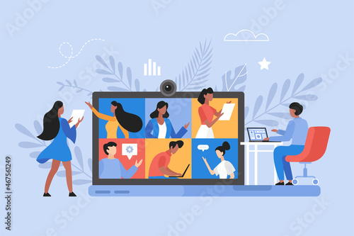 Online business meeting, and video conference concept.  Teamwork thinking and brainstorming vector illustration