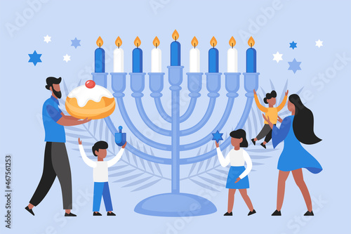 Hanukkah holiday concept.  Modern vector illustration of  family with children celebrating together