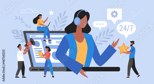 Call center and global technical support business concept.  Hotline operator with clients  vector illustration