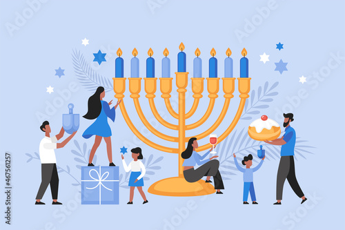 Hanukkah holiday concept.  Modern vector illustration of people and family celebrating and decorating together
