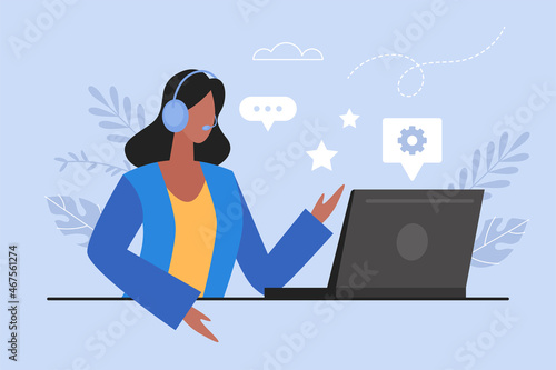 Call center and customer support service online business concept.  Hotline operator with headset and laptop computer  vector illustration