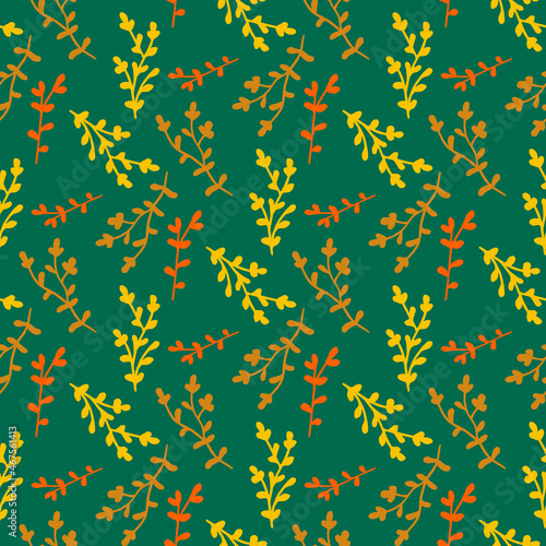 Seamless pattern with orange and yellow branches on cold green background. Vector image.