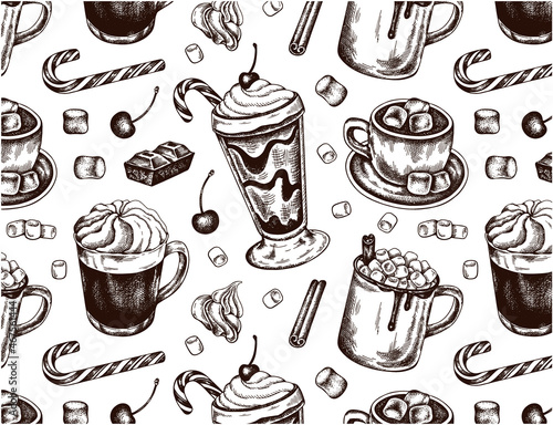 Line art drawing pattern of marshmallow, cup of hot chocolate, cocoa, candy cane, cinnamon, whipped cream, cherry. Christmas drinks wallpaper. Winter sketch drawn sweet food. Vector illustration. 