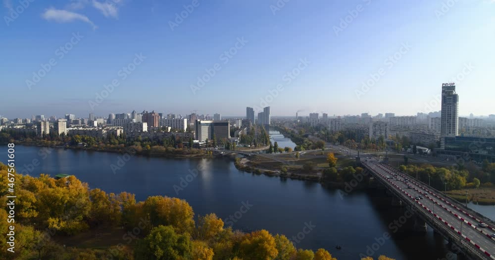 The residential area Rusanovka in Kyiv in sunny autumn day aerial panoramic view The residential area Rusanovka in Kyiv in sunny autumn day aerial panoramic view