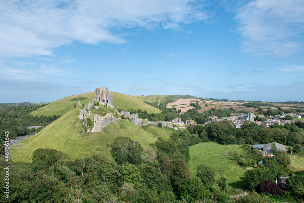 View of Corfe Castle from West Hill in Dorset