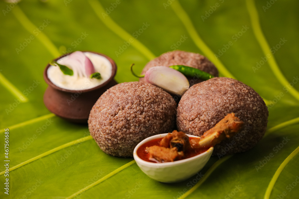 Ragi mudde,ragi sangati,ragi balls indian famous traditional healthy food served with bone soup