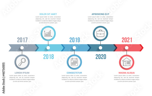 Horizontal timeline template with five arrows, infographic template for web, business, presentations, workflow or process diagram