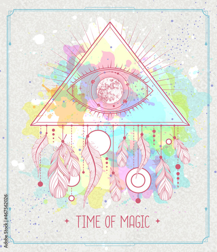 Modern magic witchcraft card with dream Catcher and eye in triangle on watercolor background. Vector illustration
