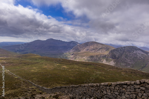 Mourne mountains and Mourne wall scenic panoramic views, Slieve Bearnagh, Binnian, Lamagan, Corragh, slievenaglogh, Commedagh, Mourne and Slieve Croob area of outstanding natural beauty, County Down,  photo
