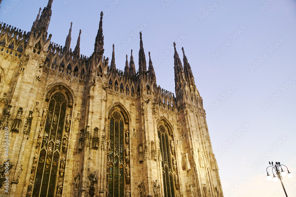 Milan, Italy - October 10, 2021: Milan Cathedral in Piazza Duomo in the evening, Milan. Duomo Cathedral