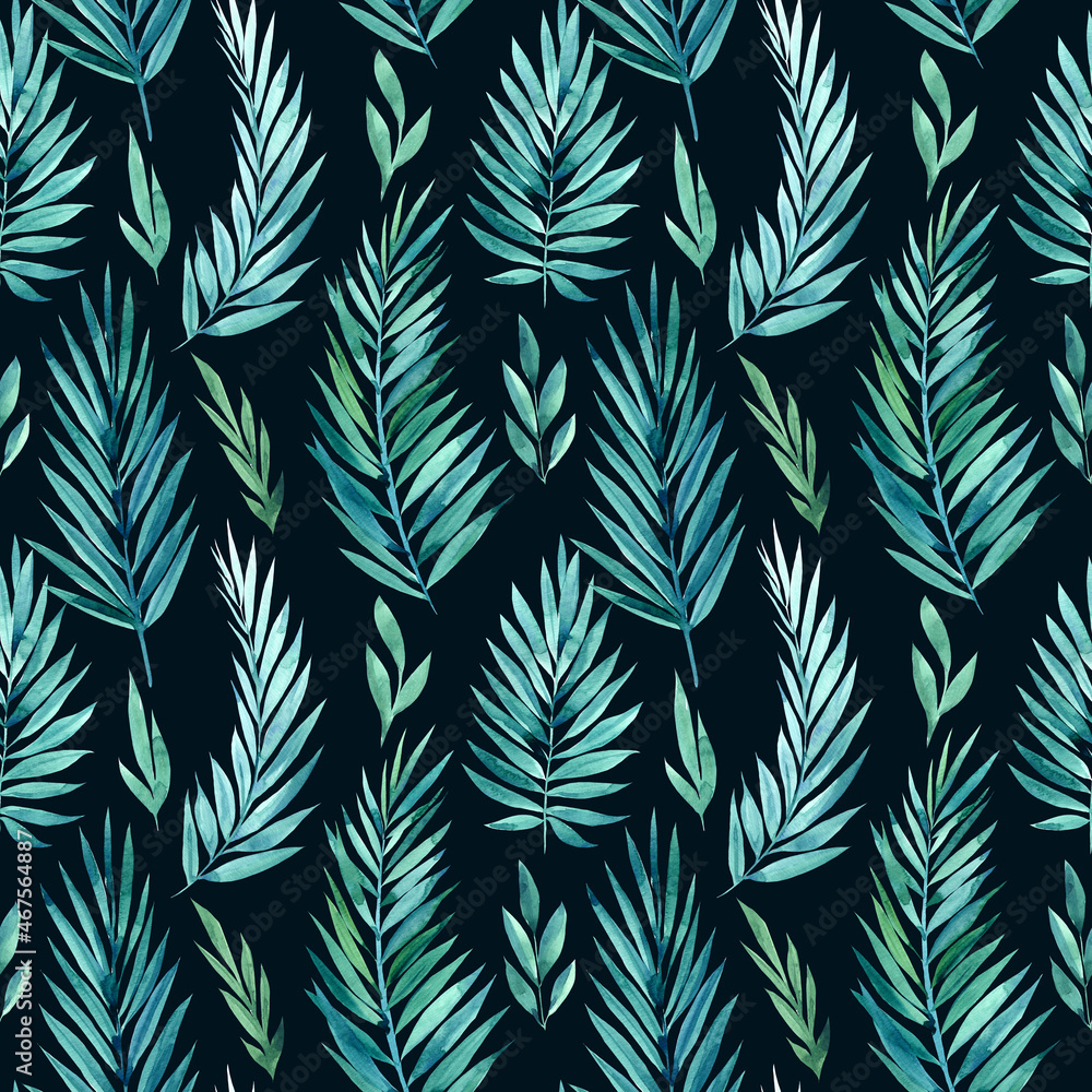 Seamless pattern of green tropical leaves, watercolor illustration, jungle design