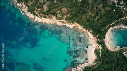 Aerial view of Porto Timoni beach and pirate bay on Corfu island in Greece