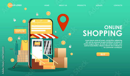 Landing web page template for digital store, supermarket, marketplace. Smartphone with marketplace mobile app, application on screen. Mobile retail online shopping concept. Vector illustration