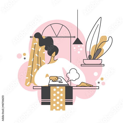 A woman irons underwear, clothes in the interior. The hostess in the interior. Homework. Vector illustration.