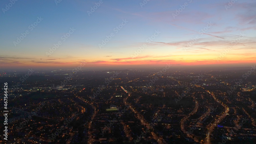 Obraz premium Aerials North London Near Wembley Stadium, London, England, Suburban Area Sunset Heavy traffic Near M1 Intersection 