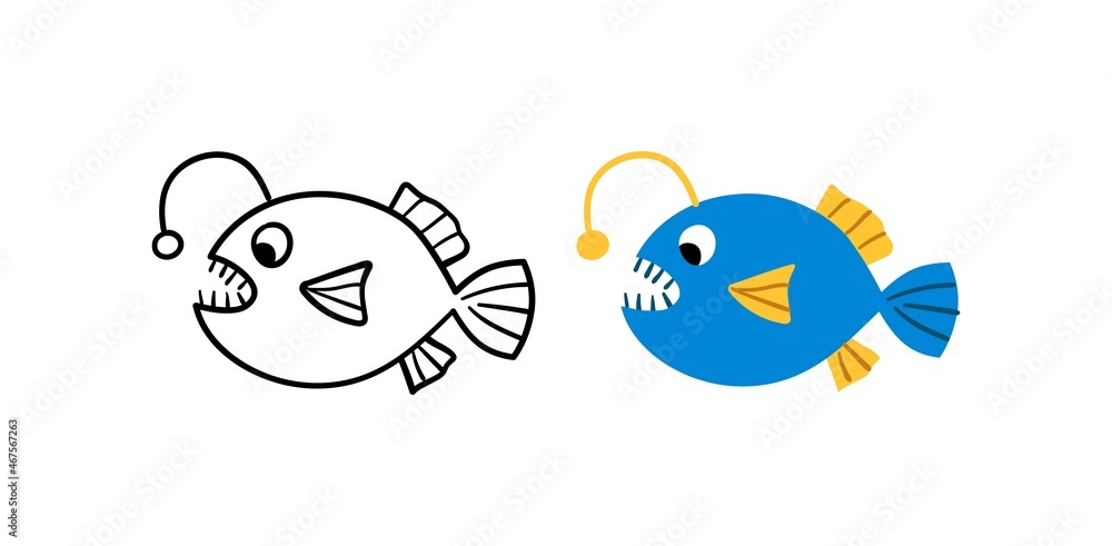 Hand drawn cute angler fish. Ocean life. Vector illustration.