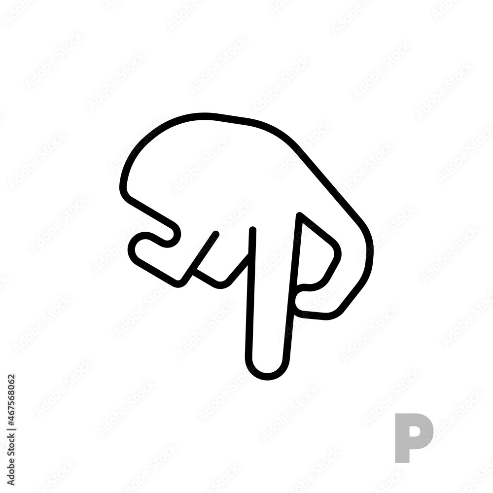 Letter P Universal and handicapped hand alphabet letter. Simple clear linear letter P, hand language. Learning the alphabet, non-verbal deaf-mute communication, expressive gestures vector. Letter P Universal and handicapped hand alphabet letter. Simple clear linear letter P, hand language. Learning the alphabet, non-verbal deaf-mute communication, expressive gestures vector.