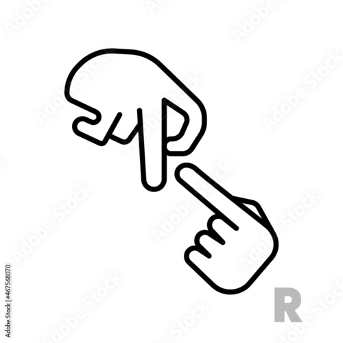 Letter R Universal and handicapped hand alphabet letter. Simple clear linear letter R, hand language. Learning the alphabet, non-verbal deaf-mute communication, expressive gestures vector.