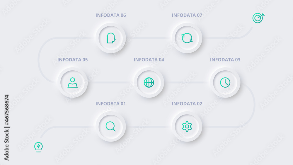 Neumorphic flow chart infographic. Creative concept for infographic with 7 steps, options, parts or processes. Neumorphic flow chart infographic. Creative concept for infographic with 7 steps, options, parts or processes.