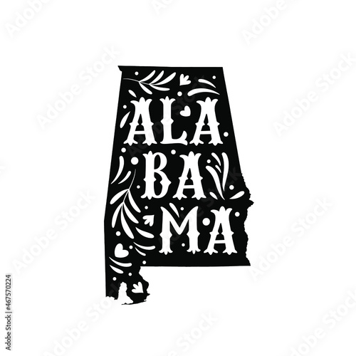 Alabama state map with doodle decorative ornaments. For printing on souvenirs and T-shirts