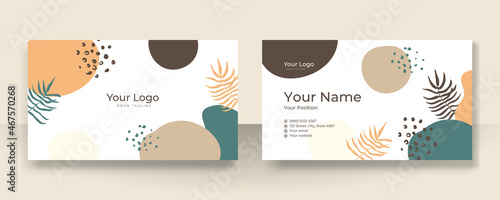 Business card design with elegant organic pattern. Modern concept with tan nude beige champagne brown soft pastel blob, liquid, floral, botanical, minimalist decoration art. Trendy Vector illustration