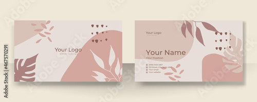Business card design with elegant organic pattern. Modern concept with tan nude beige champagne brown soft pastel blob, liquid, floral, botanical, minimalist decoration art. Trendy Vector illustration