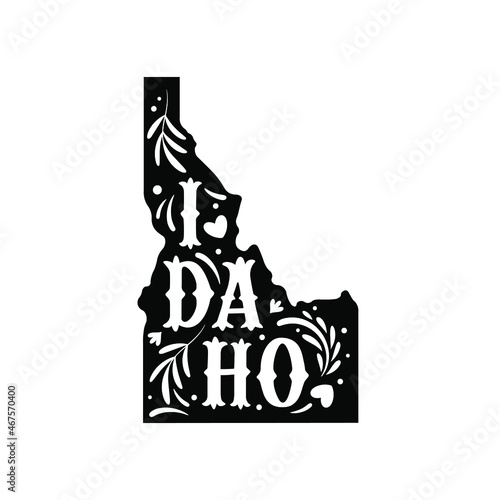 Idaho state map with doodle decorative ornaments. For printing on souvenirs and T-shirts