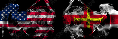 Wallpaper Mural United States of America vs United Kingdom, Great Britain, British, Guernsey  smoke flags placed side by side Torontodigital.ca