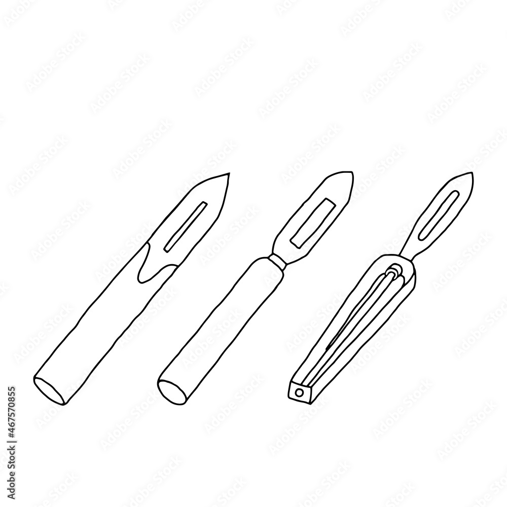 Hand-draw black vector illustration of group of metallic peeler knives tool isolated on a white background Hand-draw black vector illustration of group of metallic peeler knives tool isolated on a white background
