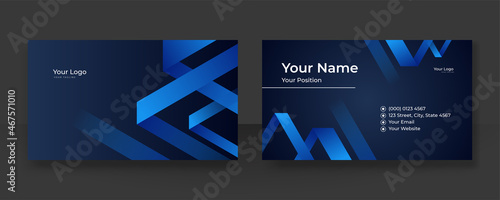 Modern blue business card design template. Creative and clean minimalist style. Luxury business card design template. Elegant dark back background with abstract wavy lines shiny. Vector illustration