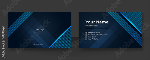 Modern blue business card design template. Creative and clean minimalist style. Luxury business card design template. Elegant dark back background with abstract wavy lines shiny. Vector illustration