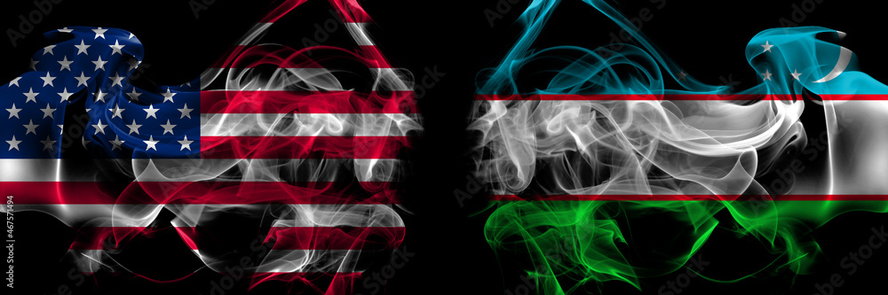 Fototapeta premium United States of America vs Uzbekistan smoke flags placed side by side