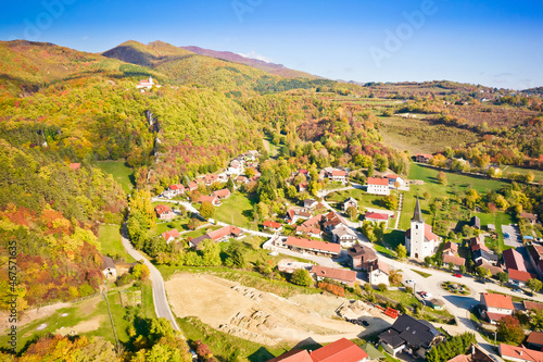 Hilside village of Lobor in Zagorje region aerial view photo