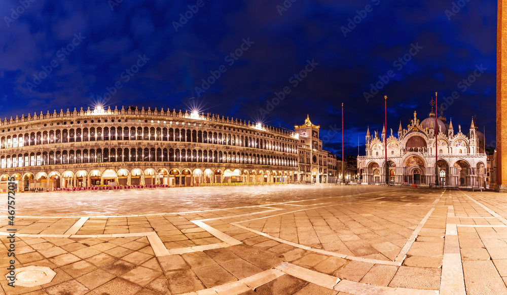 San Marco Square with Basilica of Saint Mark and Clocktower at night, Venice, Italy