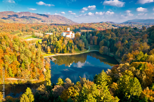 Trakoscan lake and castle aerial panoramic autumn view