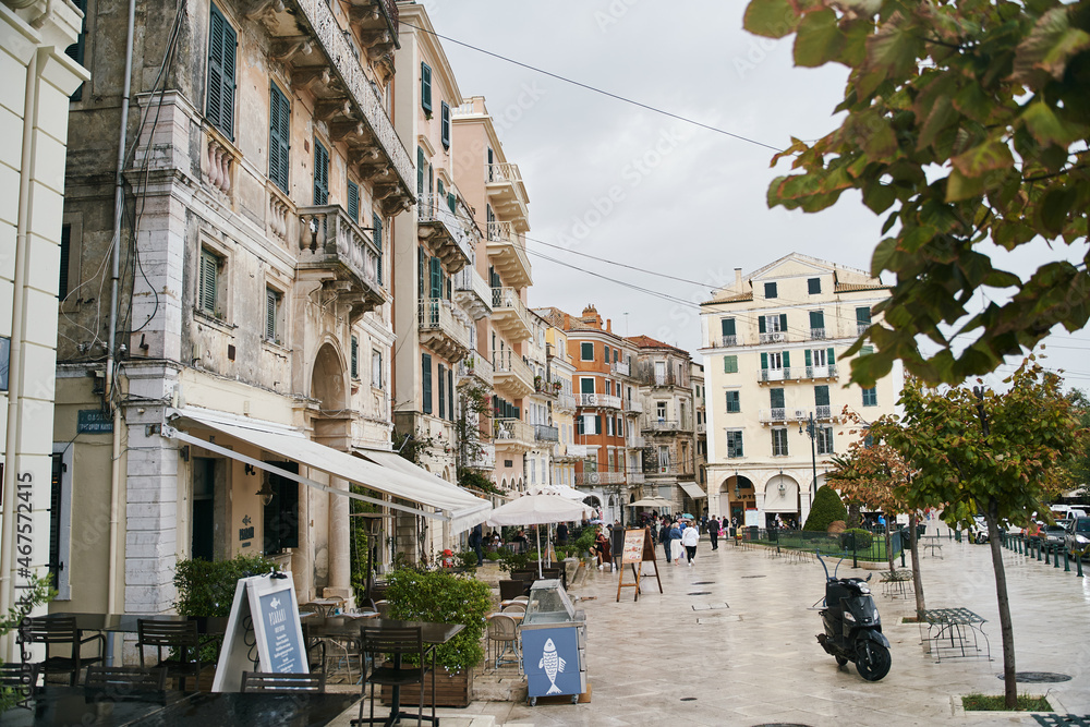 Corfu, Greece - 10.07.2021: Liston street and square on Corfu island, Greece