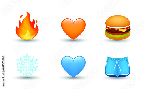6 Emoticon isolated on White Background. Hamburger, fire flame, orange and blue heart, snowflake, shorts vector emoji Illustration. 3d Illustration set.