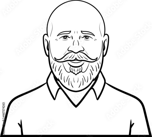 bald man with a full beard. comic avatar, laugh, vector, isolated, monochrome, outline.