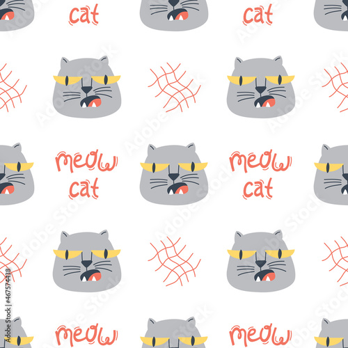 Seamless pattern with funny cat faces in hand drawn style. Creative childish texture. Great for fabric, textile. Isolated on white background vector illustration