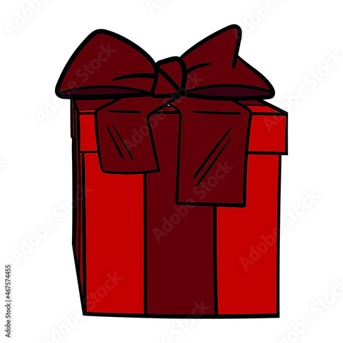 Red gift box with a bow. Christmas present, comic, illustration, isolated, white background.