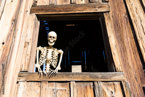 Skeleton peering out of the dark window in a wooden building