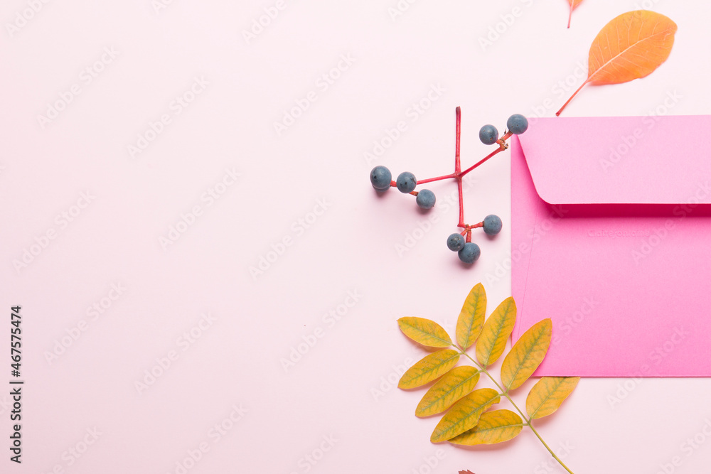Obraz premium Autumn composition on a bright pink background. Bright autumn leaves. Autumn. Pink contour for letters.