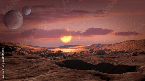 Landscape on planet Mars, scenic desert and rock on the red planet.The sun rises over the horizon.Sunrise.Alien landscape.Elements of this Image Furnished by NASA.