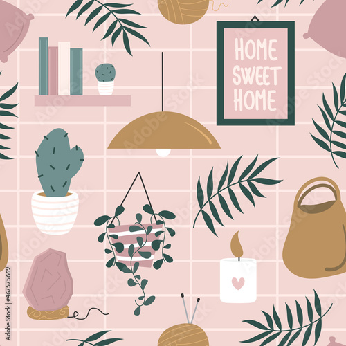Cute colorful abstract lovely hand drawn seamless vector pattern background illustration with cozy and comfortable home interior objects in modern flat style