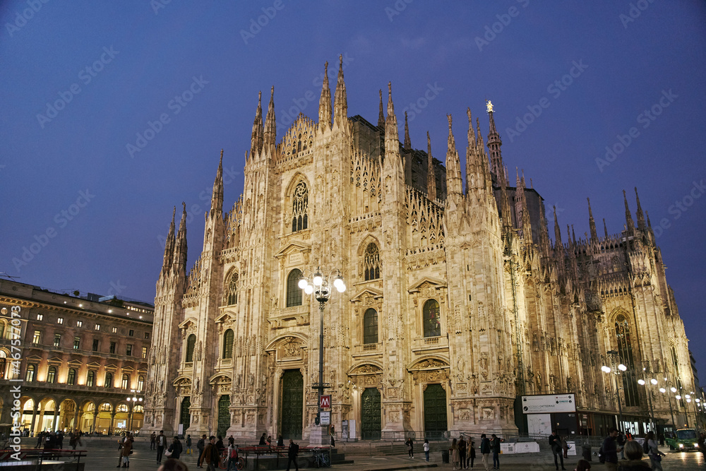 Milan, Italy - October 10, 2021: Milan Cathedral in Piazza Duomo in the evening, Milan. Duomo Cathedral
