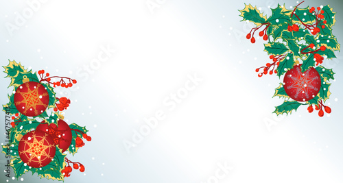 Fondo o banner con bolas de navidad y hojas y frutos navideños. Espacio de texto. Temática navideña