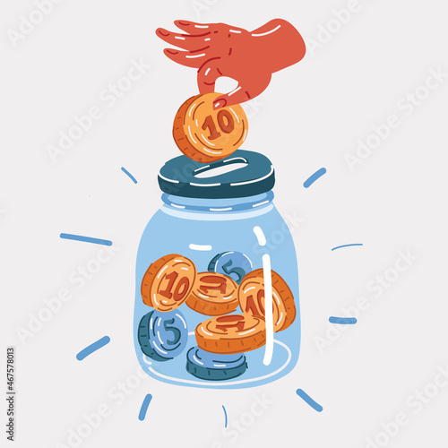 Vector illustration of saving jar. Hand put coins in glass jar