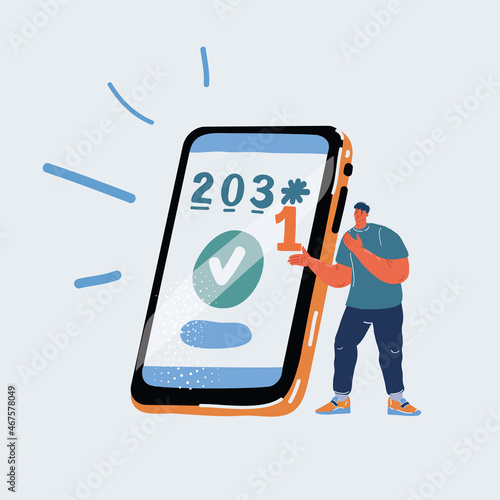 Vector illustration of man using 3d generated mobile smart phone with pin code on the screen.