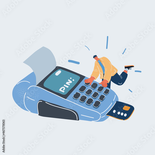 Vector illustration of POS terminal with inserted credit card and printed reciept. And man push button on it