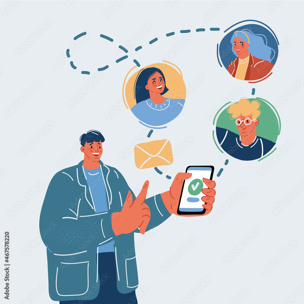 Vector illustration of Young happy smiling urban man using smart phone. Businessman holding mobile smartphone using app texting sms message to his friends, subscribers or clients Vector illustration of Young happy smiling urban man using smart phone. Businessman holding mobile smartphone using app texting sms message to his friends, subscribers or clients